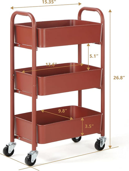 SunnyPoint 3-Tier Delicate Compact Rolling Metal Storage Organizer - Mobile Utility Cart Kitchen/Under Desk Cart with Caster Wheels (RED, 15.35" X 10.24" X 26.8"H)