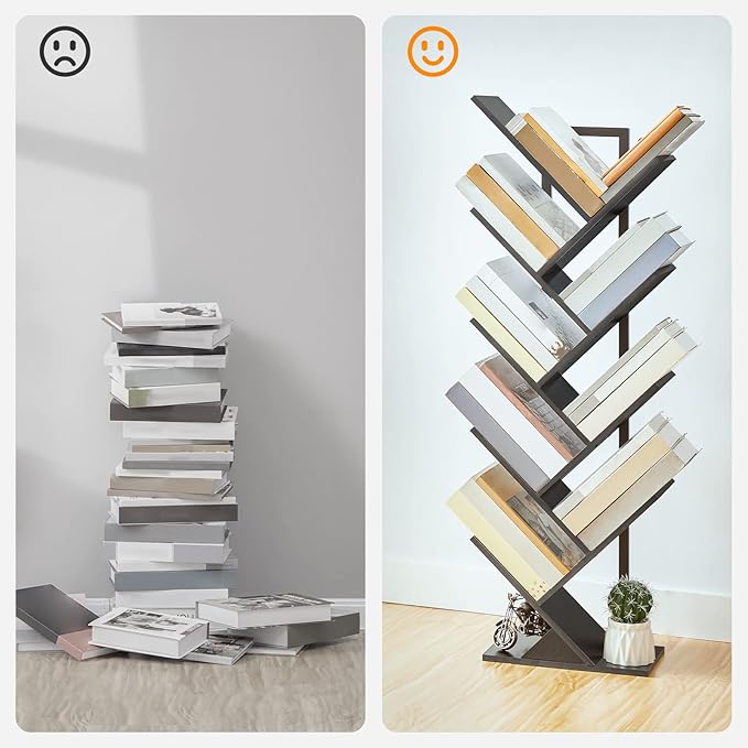 HOOBRO Tree Bookshelf, 9-Tier Bookcase Wooden Shelves, Floor Standing Storage
