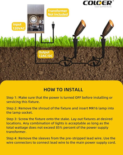 COLOER Brass Landscape Spotlights, 6 Pack Landscape Light Fixture with 5W Aluminum Housing MR16 LED Bulb 2700K 450LM,12V AC/DC Low Voltage Outdoor Spot Lighting,Uplight for Garden and Patio(102B)