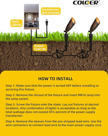 COLOER Die-cast Brass Landscape Spotlights Outdoor, 12V AC/DC Low Voltage Spotlight, IP65 Waterproof Landscape Lighting for Yard, Garden Patio Trees Spot Uplight(102B,6-Pack Without Bulb)