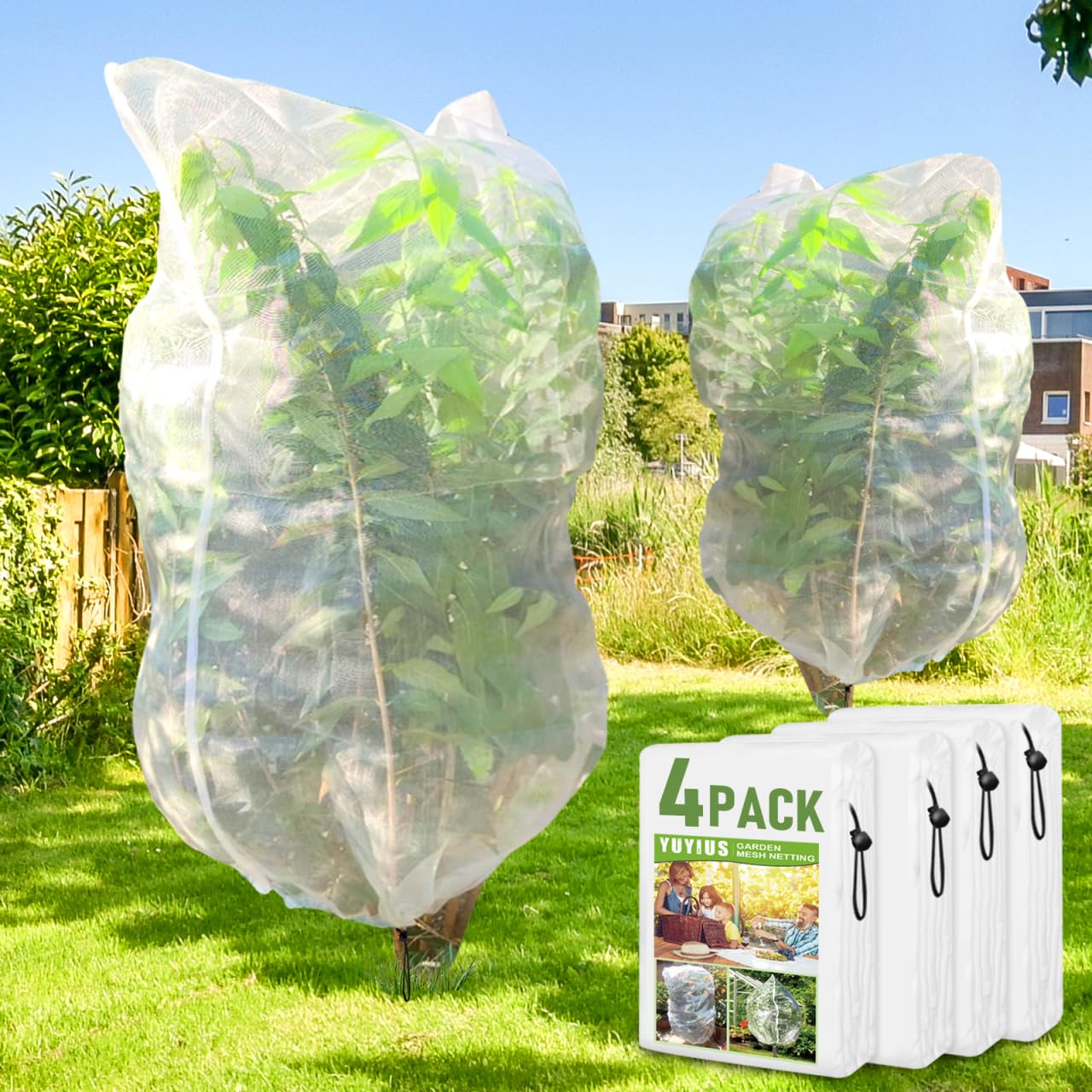 YUYIUS Fruit Tree Netting, Plant Mesh Netting for Garden Protection, Blueberry Bush Insect Netting Cover as Garden Pest Barrier from Cicadas, Bug, Bird (4.9x4 FT, 4Pcs, Zipper & Drawstring Design)