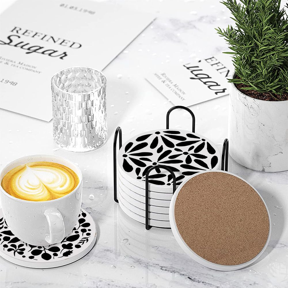 Aowced Drink Absorbent Coasters with Holder Set of 6, Ceramic Stone with Cork Base, Modern Black White Abstract Geometric Coaster for Drinks, Gift for Housewarming Room Bar Home Decor Kitchen