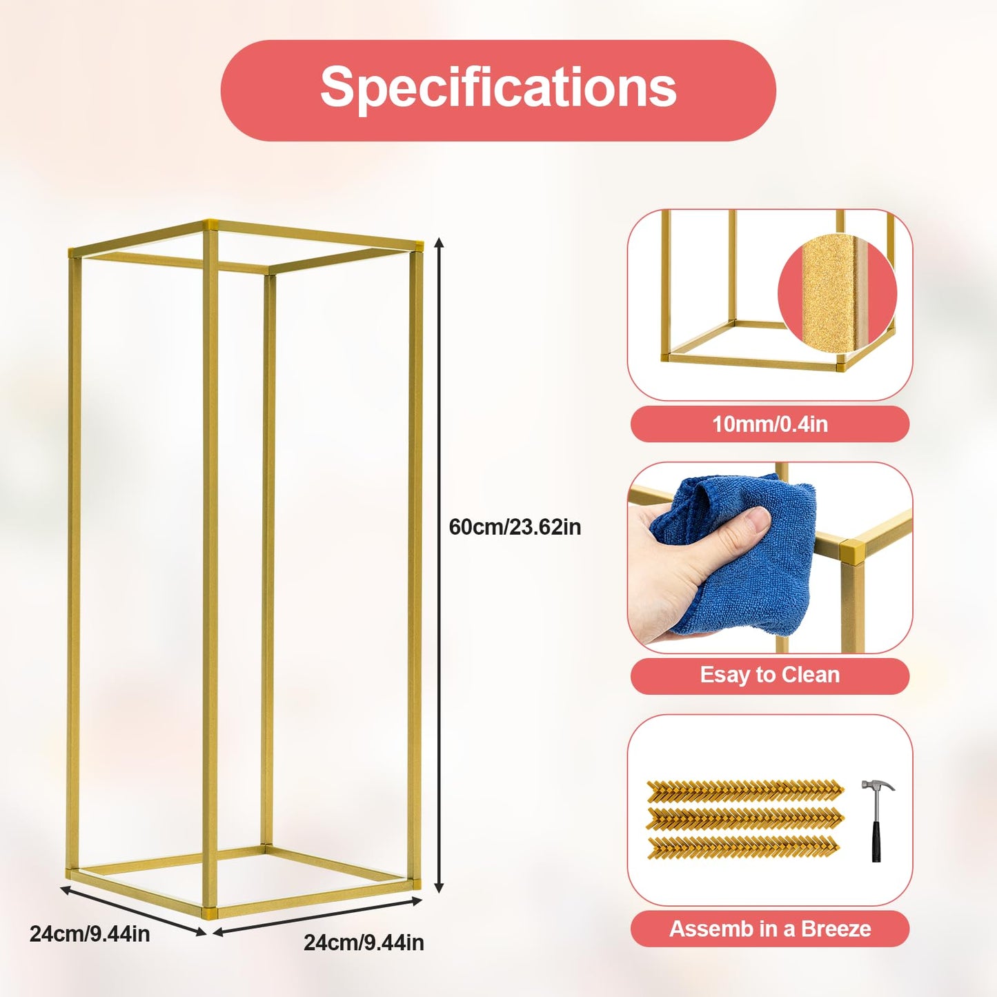 10 Pack 23.6 Inch Gold Wedding Flower Stand Metal Vase Column Stand Geometric Centerpiece Vase for Home Party Wedding Decorations, Rectangular Flower Display Rack