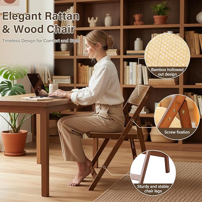 Furlide Rattan Folding Chairs, Modern Mid Century Dining Chairs Set of 2