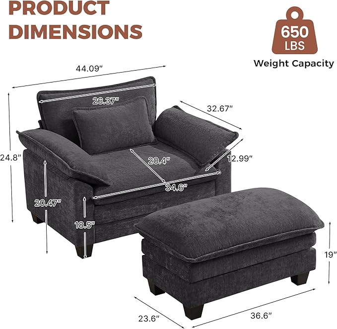 Oversized Accent Chair with Ottoman, Upholstered Armchair with Extra Thick
