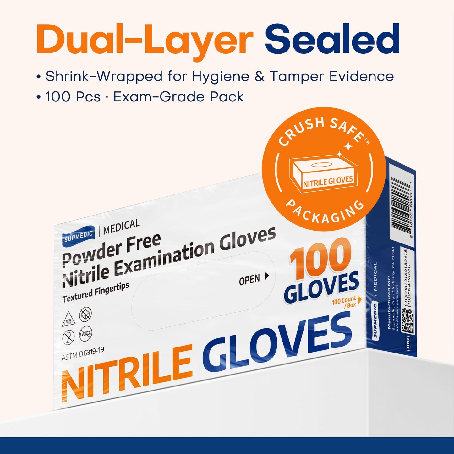 Supmedic Medical Nitrile Exam Gloves, Latex-Free, Powder-Free, Food Safe, Cooking Food Prep, Disposable Gloves, Blue, 100 Pcs (Large)