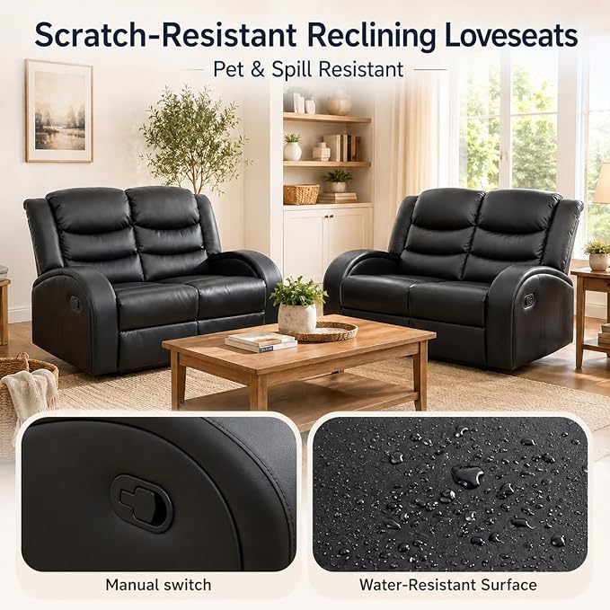 Recliner Sofa Set, 2 Piece Living Room Furniture Set, Leather Recliner Sofa