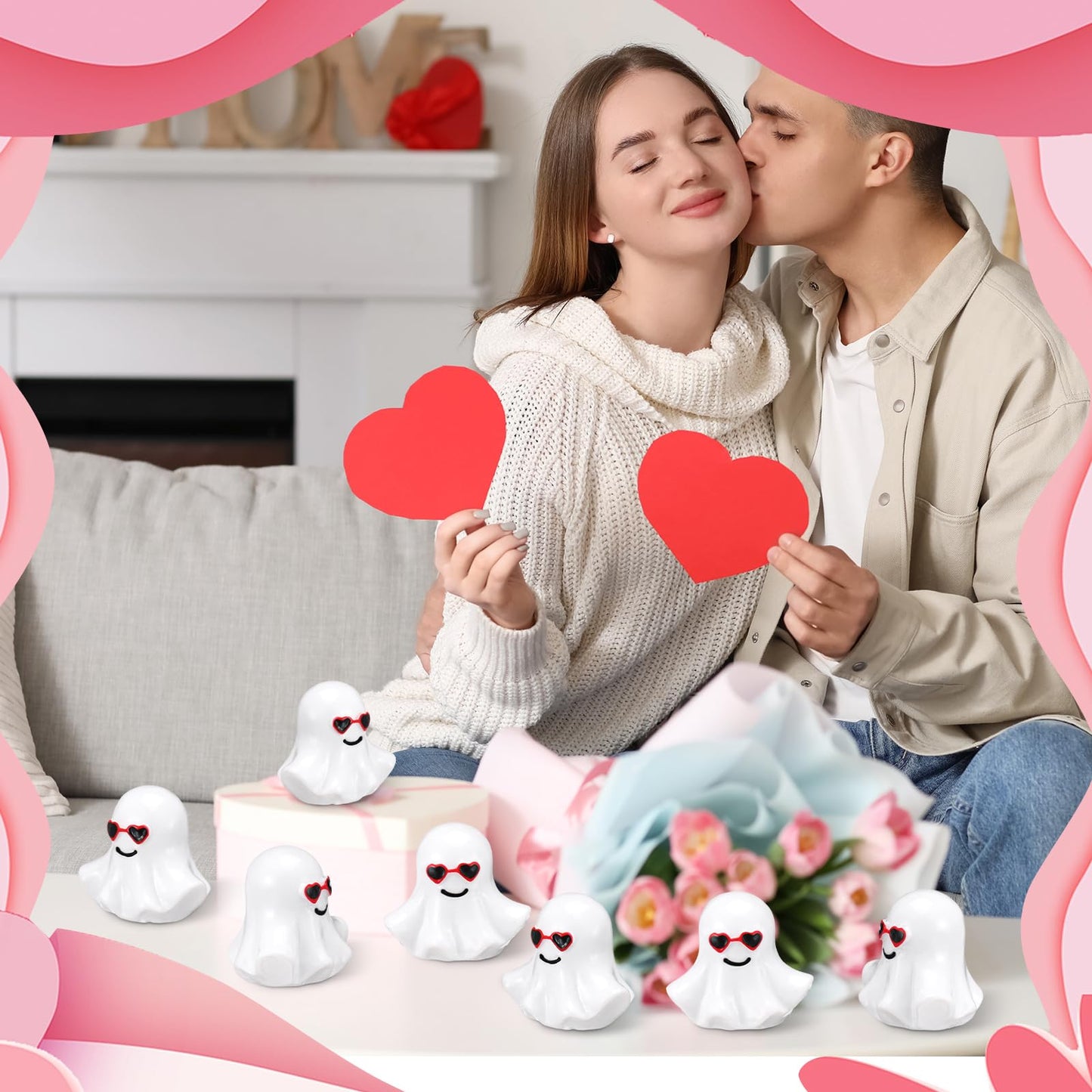 VioraWhite 50 Pcs Valentines Mini Ghost Figurines Cute Tiny Resin Ghost with Heart Sunglasses Miniatures Valentine's Day Romantic Gift Shelf Decor for DIY Crafts Landscape Garden Cake Topper Lawn