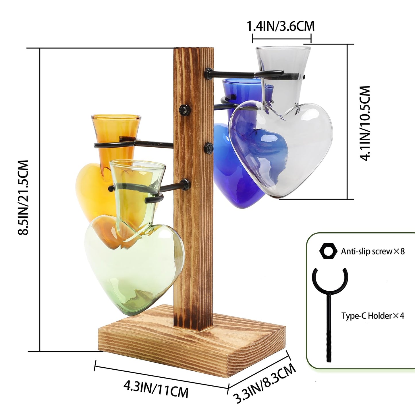 CYZglass Plant Terrarium Propagation Stations with Wooden Stand, Glass Vase for Indoor Hydroponics Home Garden Office Decoration Gift for Women - 4 Love Bulb Vase