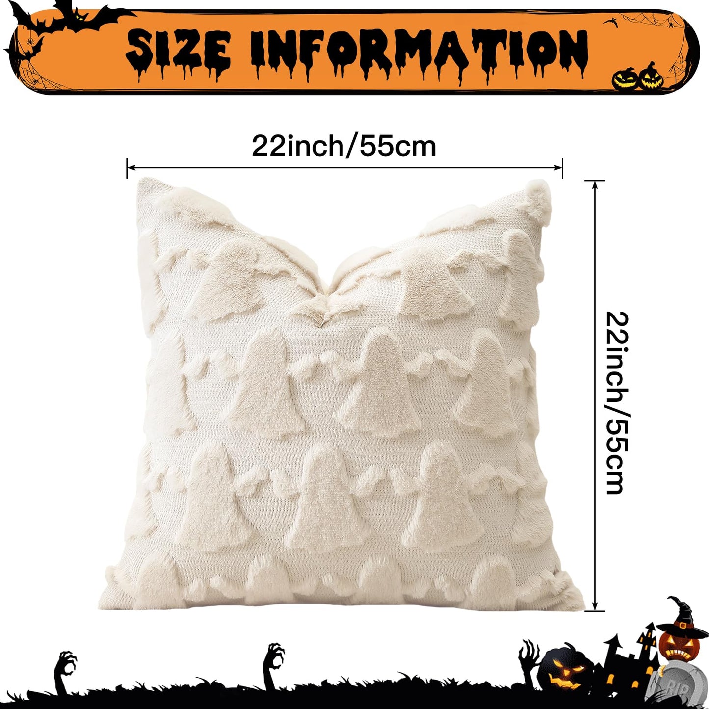 OTOSTAR Set of 1 Ghost Pillow Cover Halloween Throw Pillow Covers for Sofa Couch Bed Living Room Soft Plush Short Wool Velvet Farmhouse Pillowcase for Thanksgiving Cream Beige 24x24 Inch