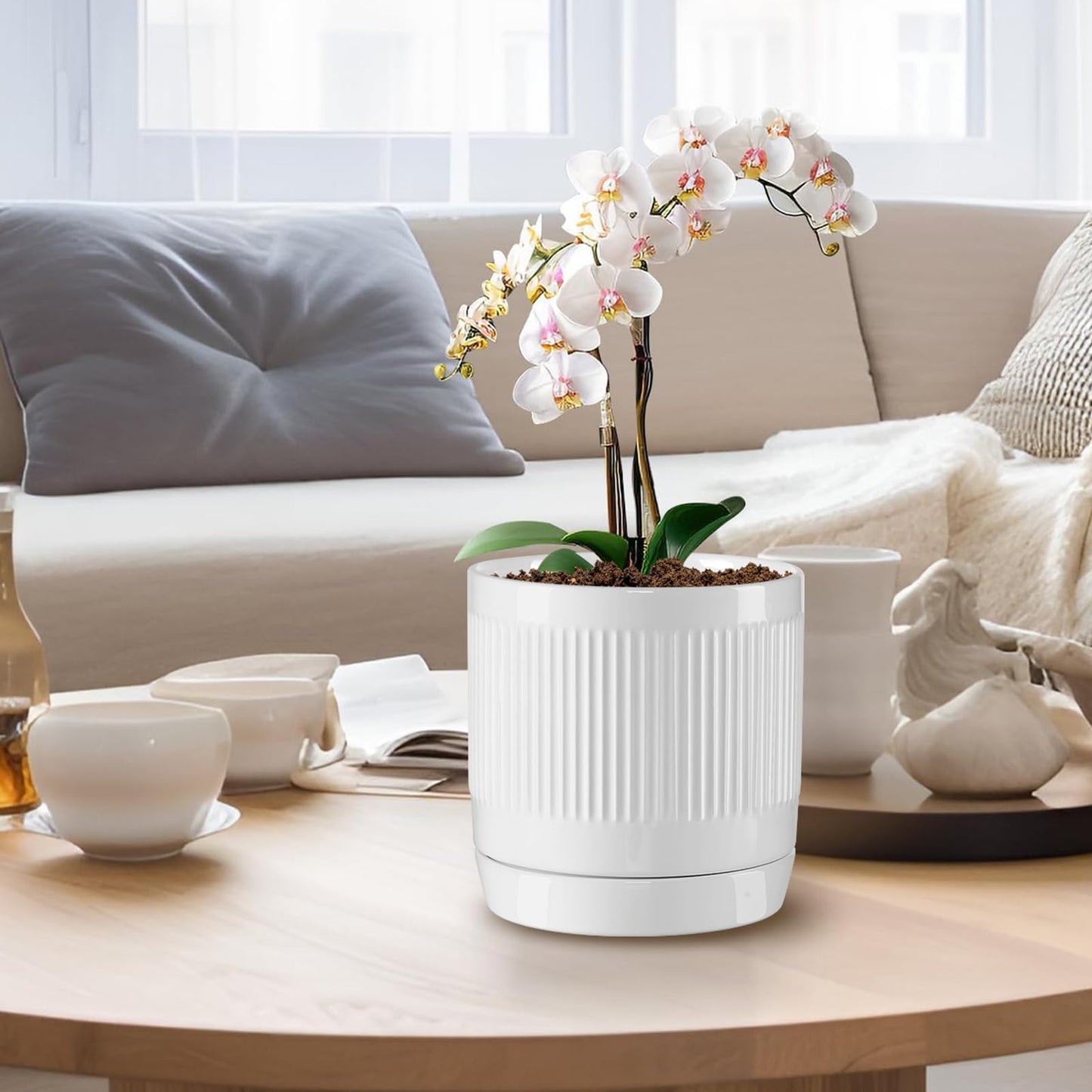 Vanavazon 6 Inch Glazed Ceramic Plant Pots with Drainage Hole and Saucer, Cylinder Indoor Planters for All House Plants, Modern Decor for Home & Office, Set of 2 (White)
