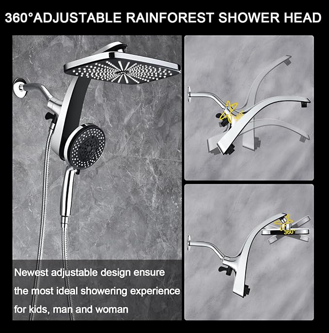 BOZYBO Rain Shower Head with Handheld: High Pressure Shower Heads with Handheld Spray Combo, 12" Rainfall Shower Head and 9 Sprays Hand Showerheads with Magnetic Docking and Power Jets, Chrome 1.75GPM