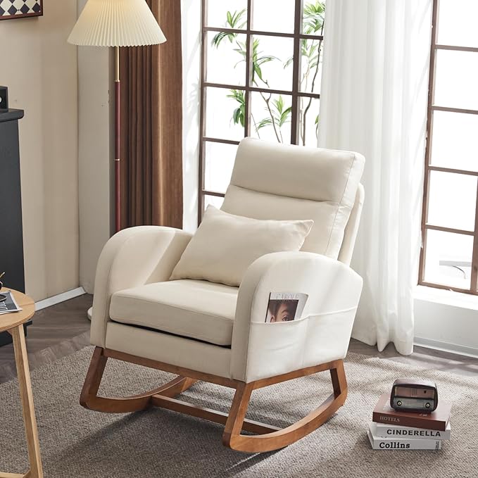 VINGLI Beige Linen Nursery Rocking Chair