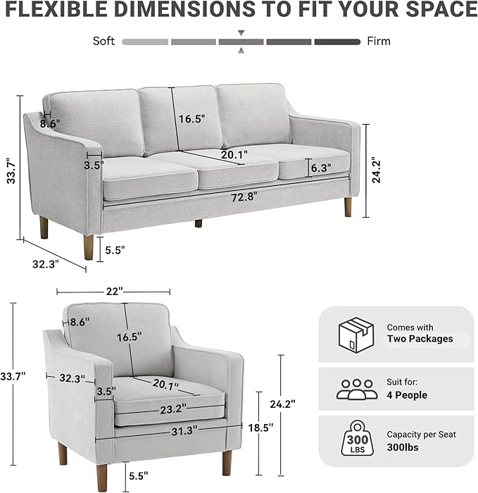 Kingfun Living Room Furniture Sets, 3 Seater Couch and Loveseat, Mid Century