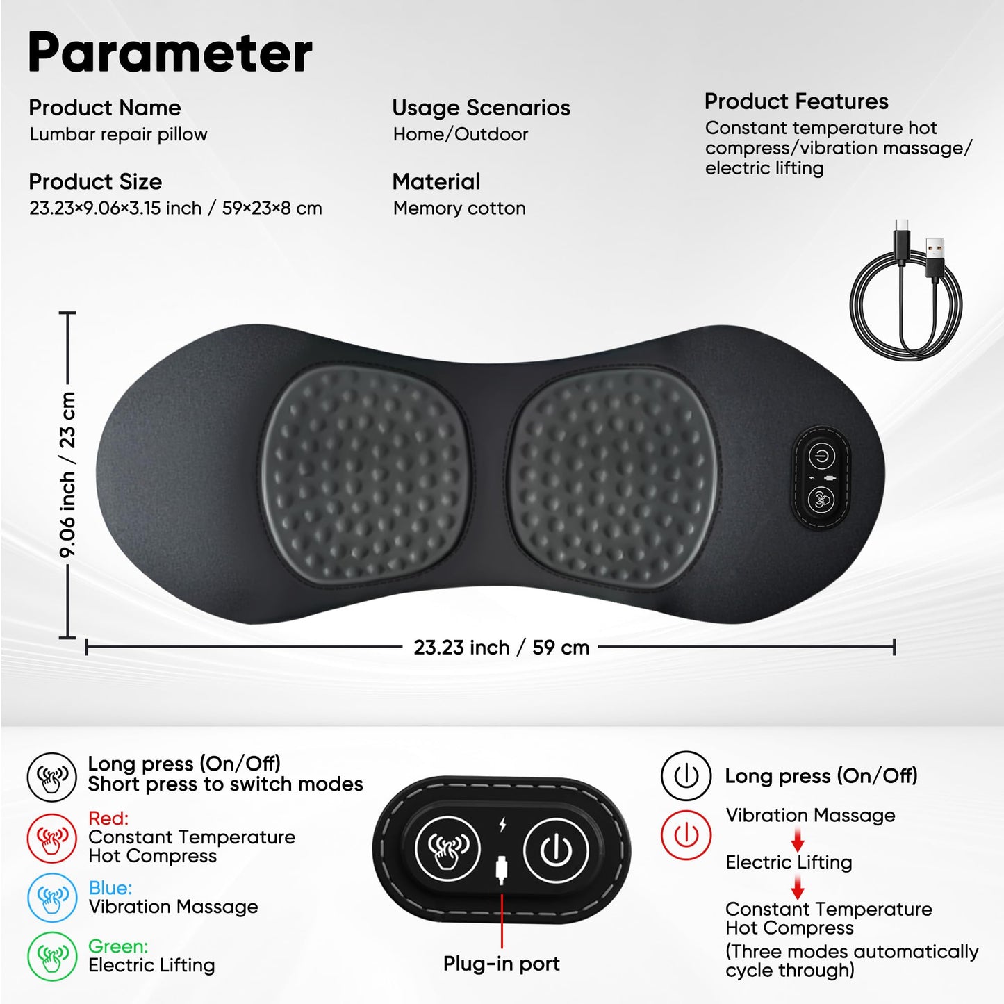 3 in 1 Electric Lumbar Support Pillow with Adjustable Height for Bed and Chair,Back Massager with Heat,Back Support Pillow for Lower Back Pain Relief,Waist Wedge Bolster (Black)
