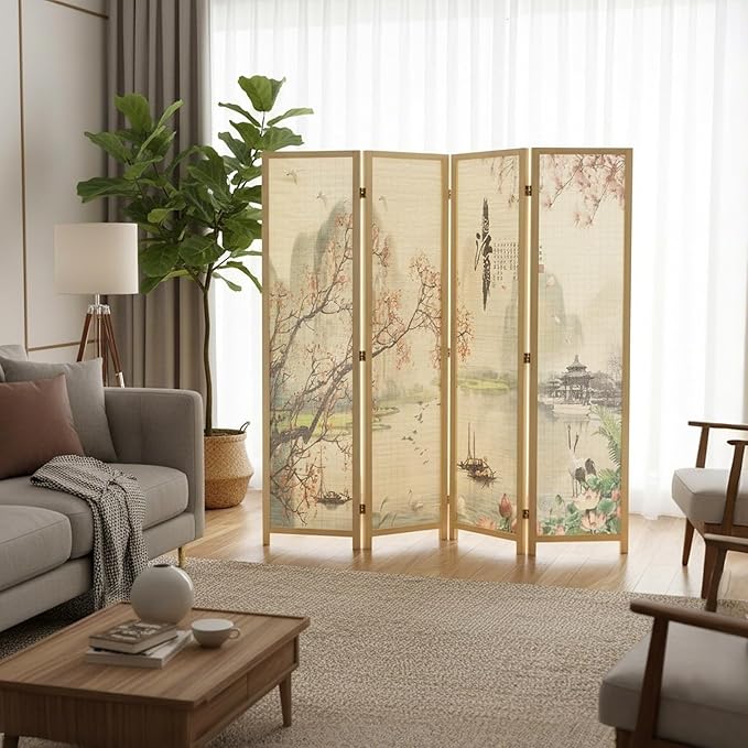 MyGift 4-Panel Folding Bamboo Room Divider Asian-Inspired Cherry Blossom Scene