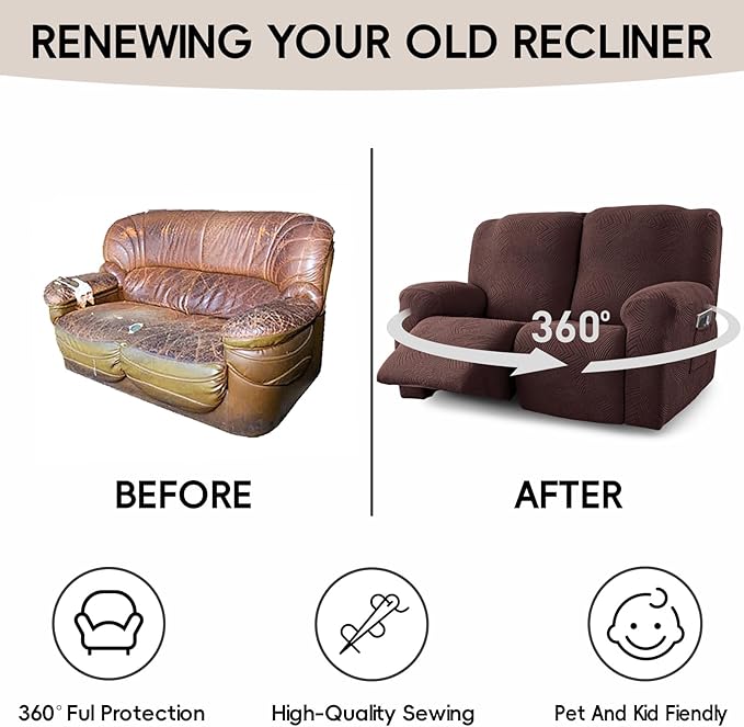 Recliner Loveseat Covers, 4-Piece Stretch Geometric Strokes Jacquard Reclining