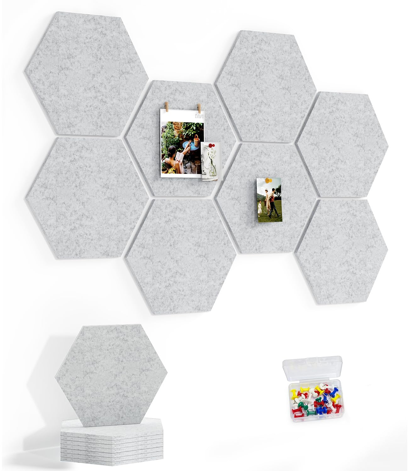 Uoisaiko 8 Pack Hexagon Felt Bulletin Board Tiles - 12" Large Thick Pin Board for Walls with 30 Push Pins, DIY Boards for Office Home School Decor, Aesthetic Hex Cork Board Alternative
