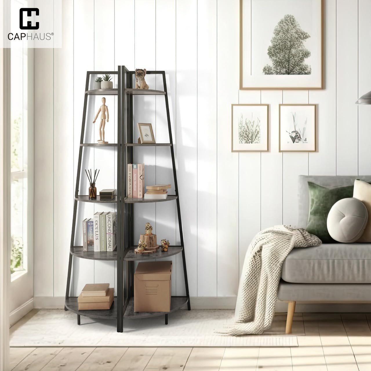 CAPHAUS Tall Corner Shelf Stand, 5-Tier Display Shelves, Ladder Corner Wood Storage Plant Bookshelf with Metal Frame, Versatile Shelving Unit Bookcase for Home Office Space, Dark Grey