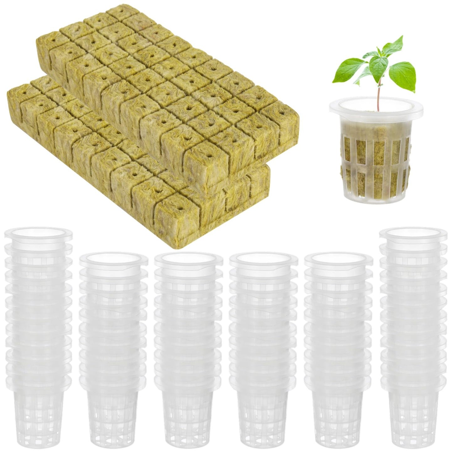 72 Rockwool Cubes & Net Pots Set, Hydroponic Kit, Stonewool Plugs with Net Cups, Hydroponics Starter Kit, Efficient Water Retention, Quick Germination for Seedling Growth