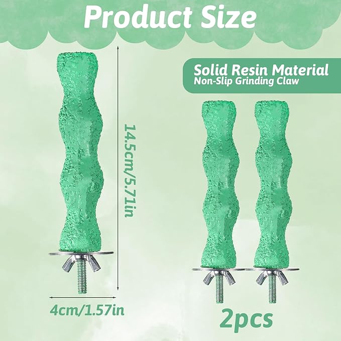 2 PCS Bird Beak Grinding Stone Bird Parrot Cage Perch Stand Anti-Slip Nail Trimming Stick Parrots Perch Resin Beak Grinder Stone Foot Claws Trimmer Accessories for Parrot Budgie Cockatiel (Green)