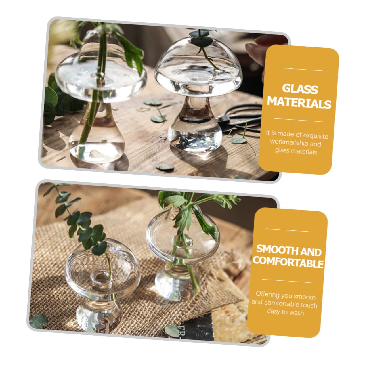 BESPORTBLE 2pcs Glass Mushroom Flower Vases Hydroponic Plant Terrariums Decorative Floral Containers for Home Office Living Bedroom Kitchen