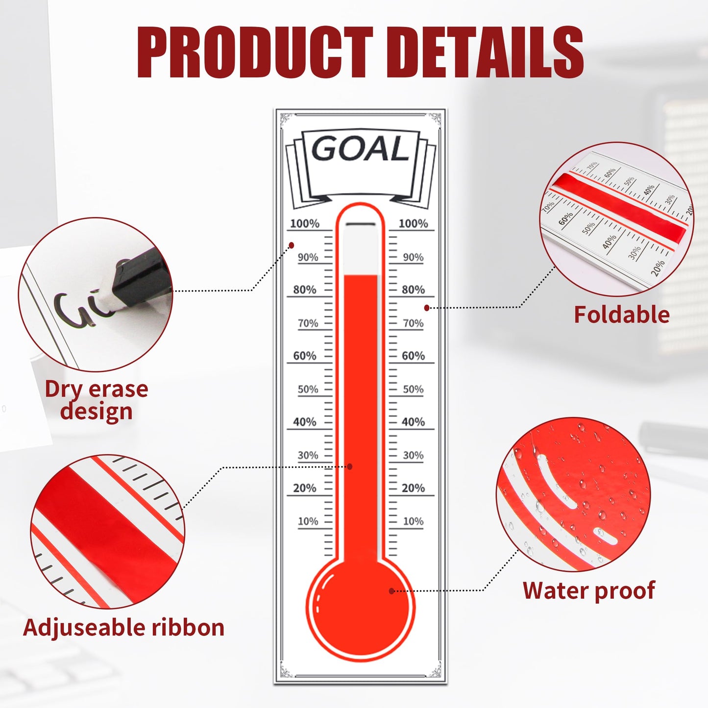 Dry Erase Goal Tracking Thermometer 46"x12" - Corporate Sales Board with Progress Ribbon for Team Motivation