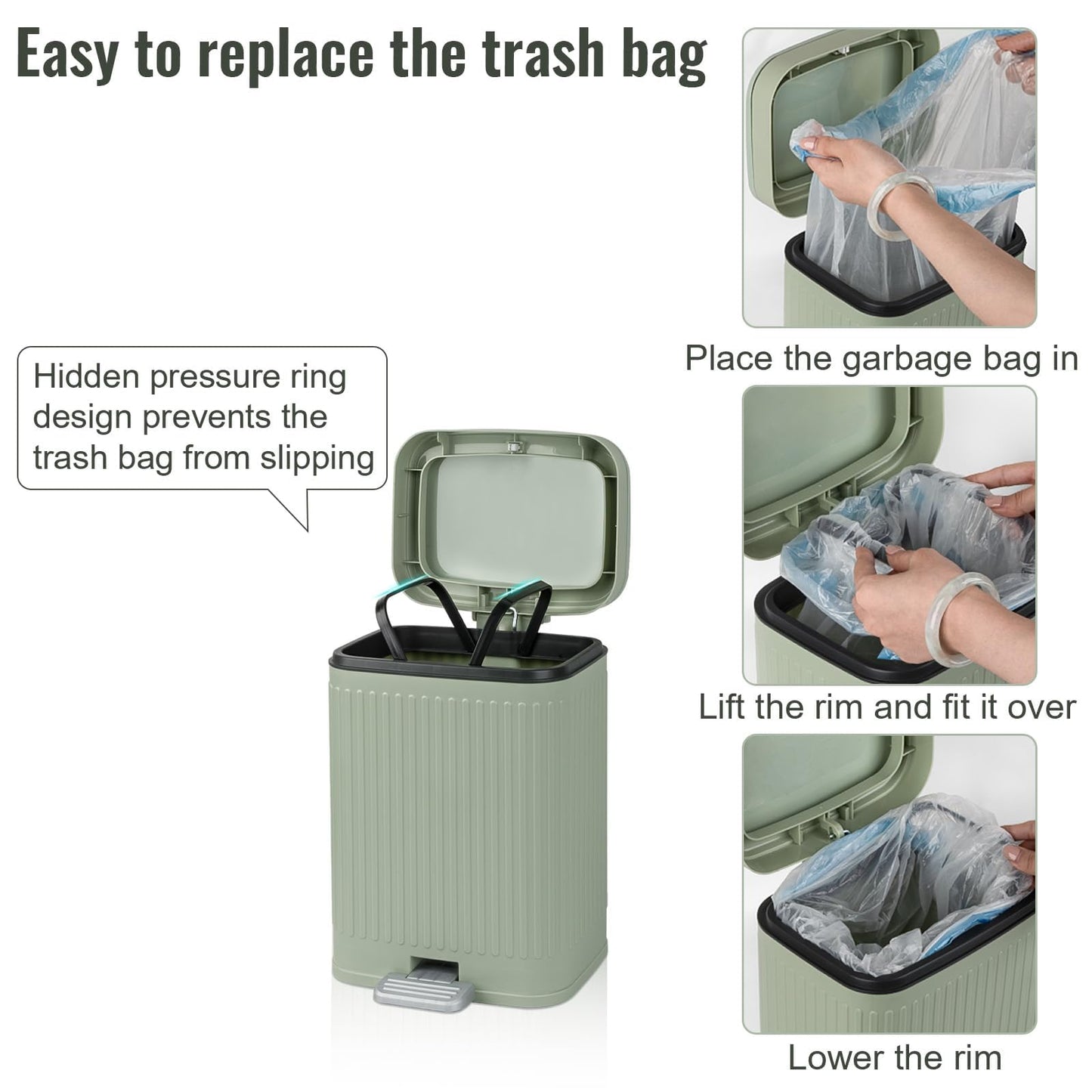 rejomiik Small Bathroom Trash Can with Lid 2.1 Gallon Soft Close Step Slim Garbage Can Waste Bin for Office, Bedroom, Kitchen, Light Green