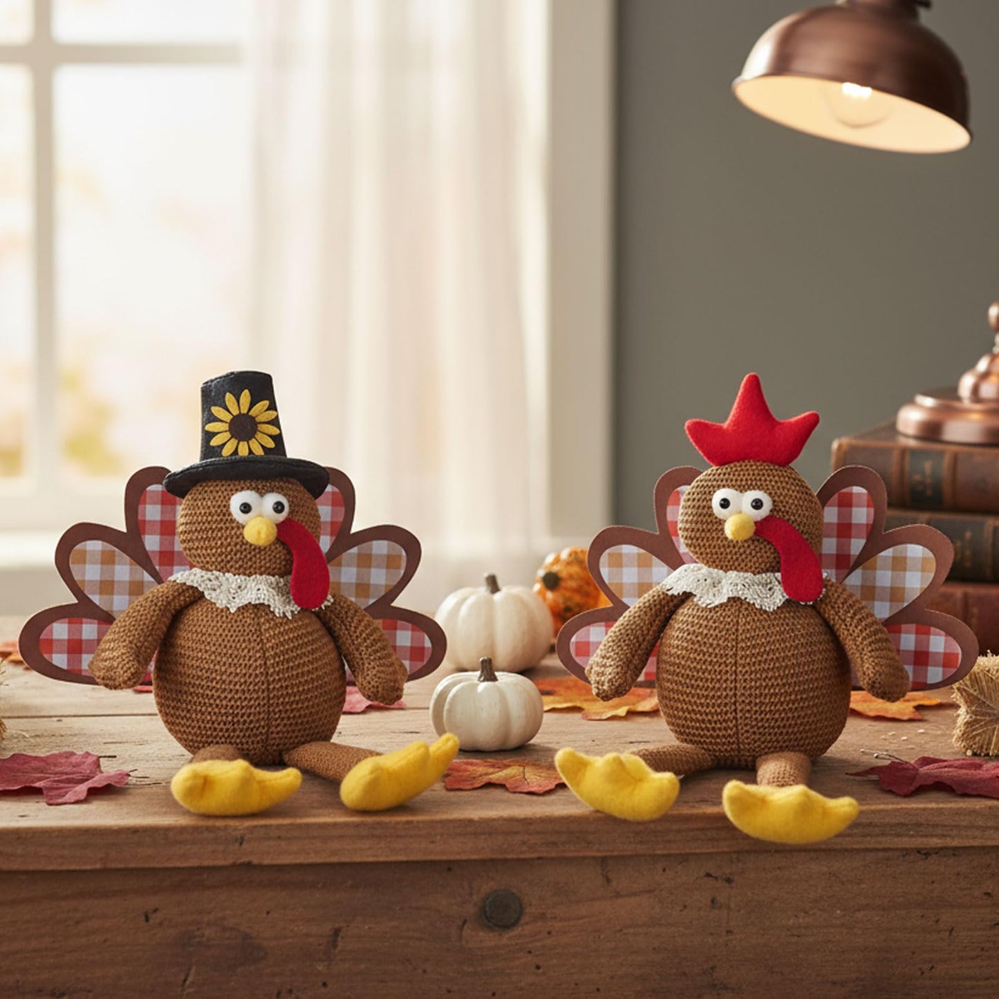 MWDJPXY Christmas Decorations Set of 2 Turkeys with Dangling Legs, Turkey Couple Doll Plush Kit Tabletop Centerpieces for Fall Harvest Home Decor Kitchen Shelf (Brown)