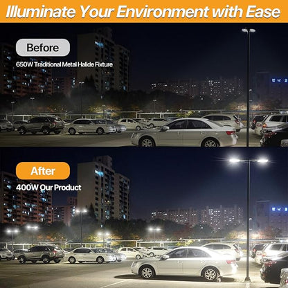 400W LED Parking Lot Light Slip Fitter Mount with Dusk to Dawn Photocell 110V/120V Pole Flood Lights 5000K Street Light IP65 Waterproof Commercial Area Lighting for Parking Lot, Stadium