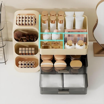 Covzoe Large Makeup Organizer with Brush Holder, Spacious Cosmetics Display Case with Drawers for Vanity, Skin Care Storage Solution for Lipstick Beauty Essential Bathroom Countertop