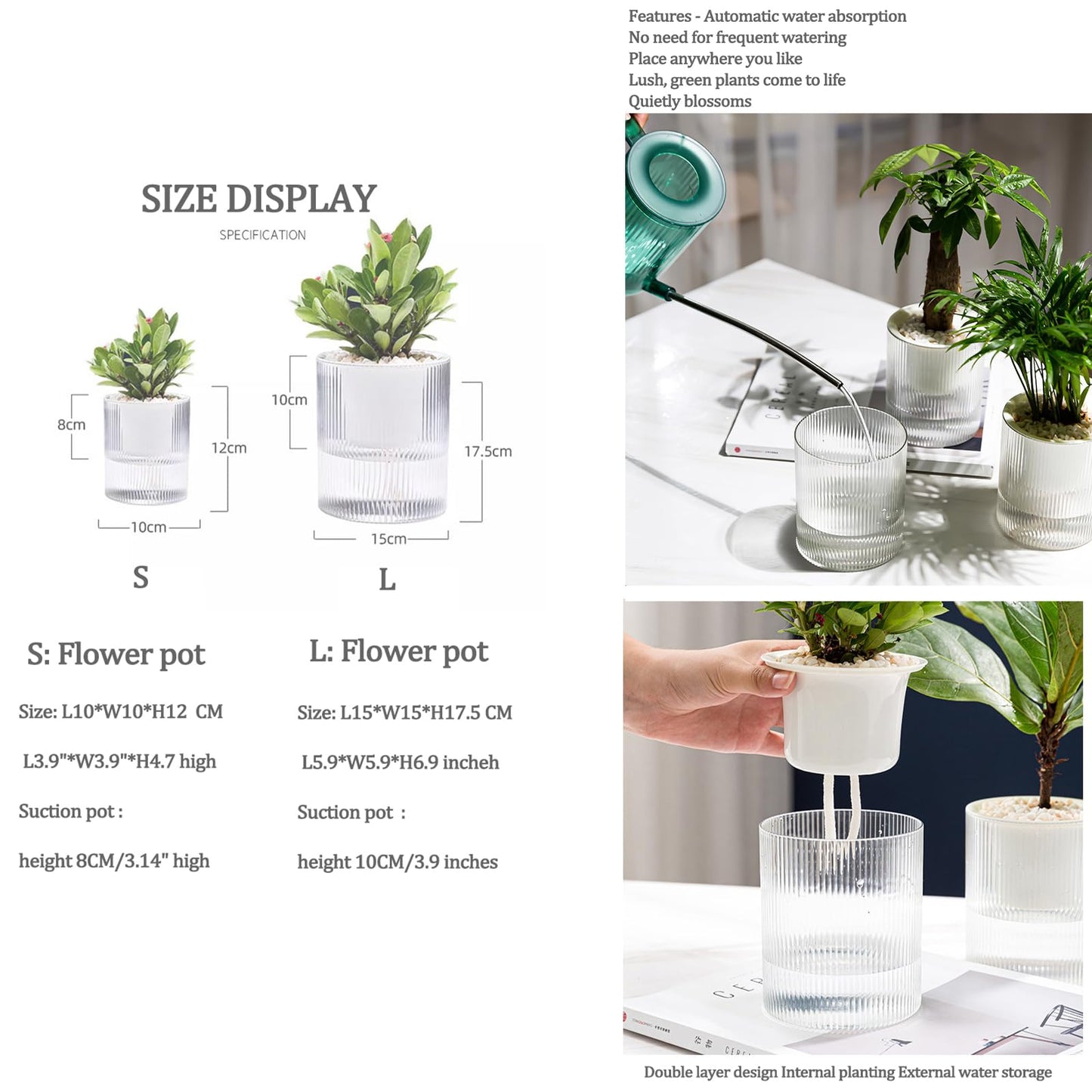 Gidary 7 Inch Self Watering Pots,Clear Self-Watering Planters Box for Indoor Plants Flowers Outdoor Windowsill Gardens Comes with 1 Bag of White Pebbles