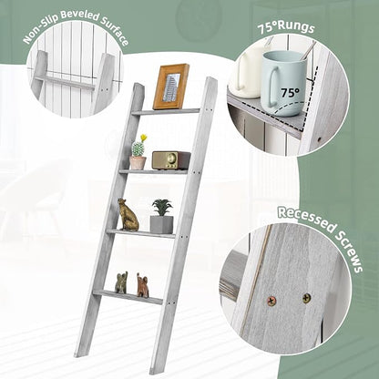Tangkula 4-Tier Wooden Blanket Ladder, 4.5 ft Farmhouse Storage Rack, Wall Leaning Ladder Shelf Stand, Decorative Blanket Shelf for Living Room, Bathroom & Bedroom (Grey)