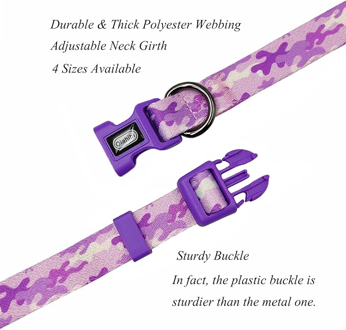 Dog Collar Leash Set, Camouflage Pattern, Polyester Material, Adjustable Collar and 5ft Matching Leash, for Puppy Dogs.(XS, Purple Camo)