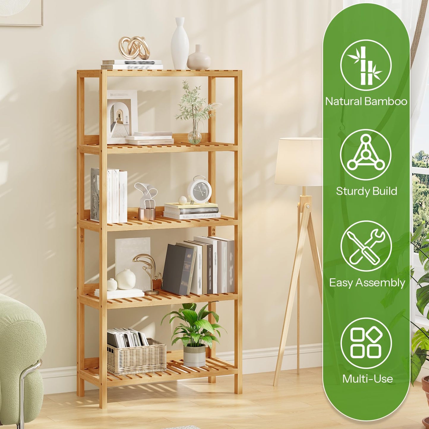 HOOBRO Bamboo Storage Shelf, 5-Tier Freestanding Shelving Unit, Multifunctional Storage Rack with Back Panel, 23.6 x 10.2 x 51.2 inches, for Bathroom, Living Room, Balcony, Kitchen, Natural YL96CJ01
