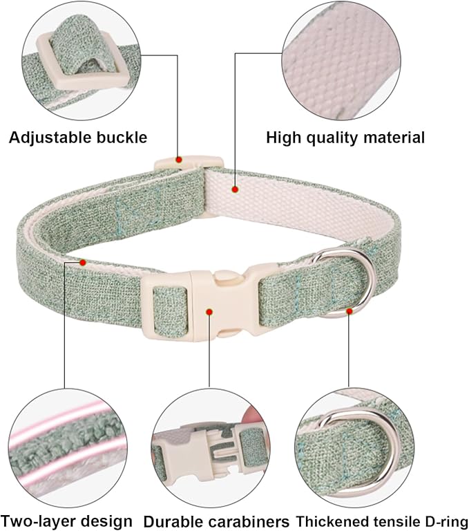 Cotton Hemp Dog Collar with Leash, Soft Adjustable Dog Collars with Plastic Safety Buckle, Cute Heavy Duty Pet Collar for Small Medium Large Dogs