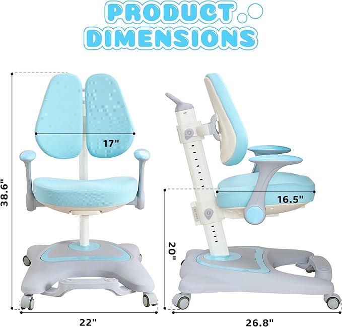ERIYA Kids Desk Chair, Ergonomic Chair: Height-Adjustable, Double Back Support