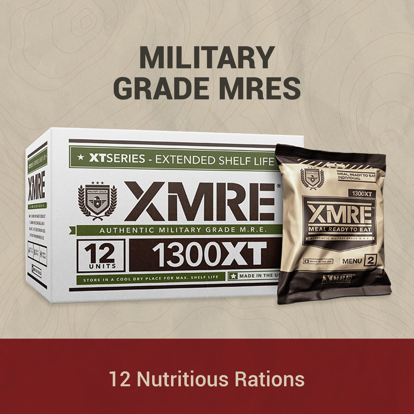 XMRE 1300XT MRE Meals 2022 Bulk | Military Grade | For Survival Kits & Hurricane Preparedness Items | Emergency Food Supplies | Food Packs w/ Flameless Ration Heater | USA Made