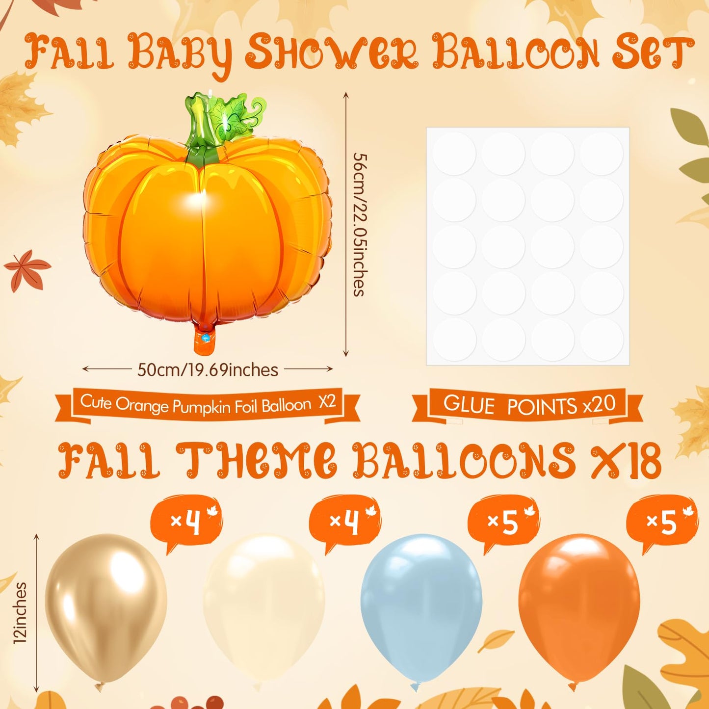 Seematn 2 Set Fall Balloon, Pumpkin Foil Balloons Stand Kit for Table Centerpiece for Baby Shower Thanksgiving Mid Autumn Birthday Wedding Party Decoration Beige, Gold, Burnt Orange, Blue