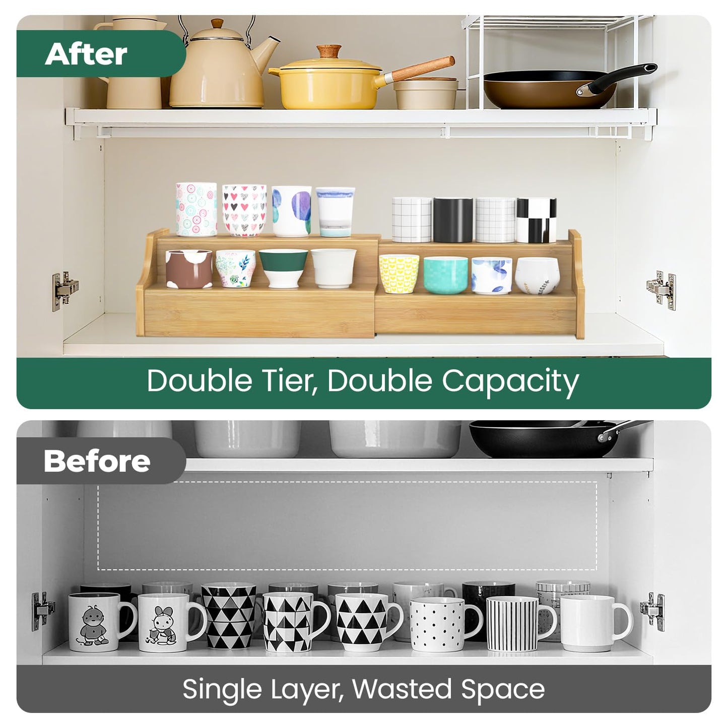 EsLuker.ly Coffee Mug Cup Holder Rack for Cabinets Countertop, 2 Tier Expandable Mug Storage Organizer Bamboo Coffee Bar Station Display Stand Shelf for Kitchen Countertop, No Assembly, More Space