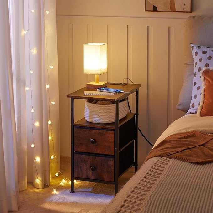 HOOBRO End Table with Charging Station, Narrow Side Table, Nightstand with 2