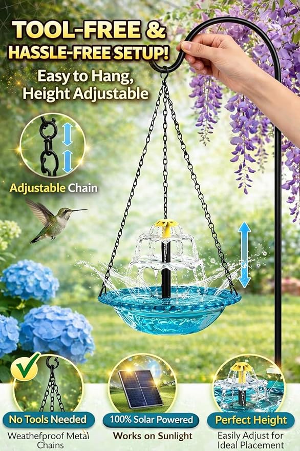 Solar Cascade Hanging Bird Bath Fountain, 2026 New Outdoor Hanging Bird Bath with Solar Fountain, Large Humming Birds Baths Fountains, with Solars Pump & Glass Bowl, for Outdoor, Gardens (#6)