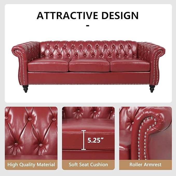 Mid-Century 3 Seater Sofa, Faux Leather Couch