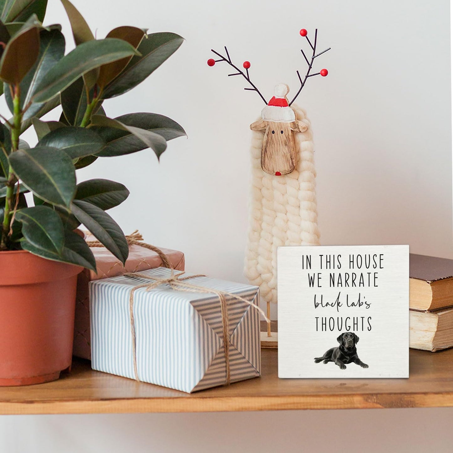 OVAcational Funny Black Labrador Retriever Dog Wooden Box Sign Desk Decor, This House We Narrate the Black Lab's Thoughts Wood Block Sign for Home Office Desk Table Shelf Wall Decorations, 5x5 Inch