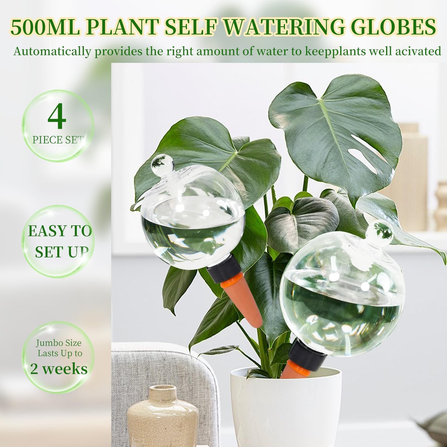 4pcs Plant Self Watering Globes with Covers, Plastic Water Bulbs Top Fill, Plant Watering Devices System Slow Release Terracotta, Water Spikes Stakes for Indoor (4)