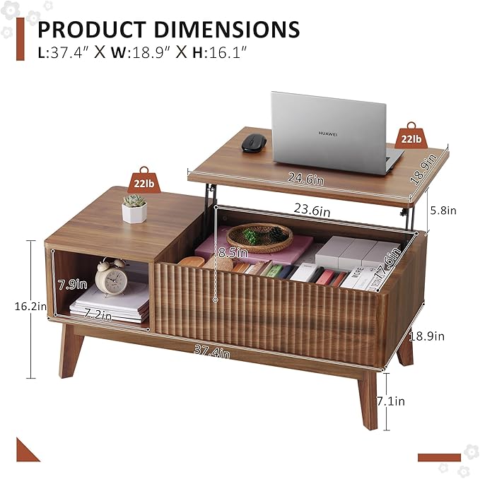 LYNCOHOME Fluted Lift Top Coffee Table