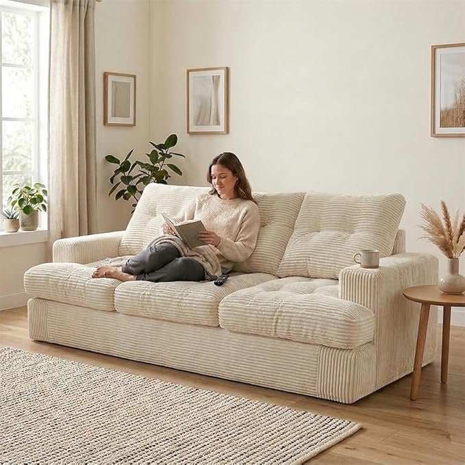 85" Corduroy 3 Seater Sofa in a Box, High-Density Foam Couch, No Assembly