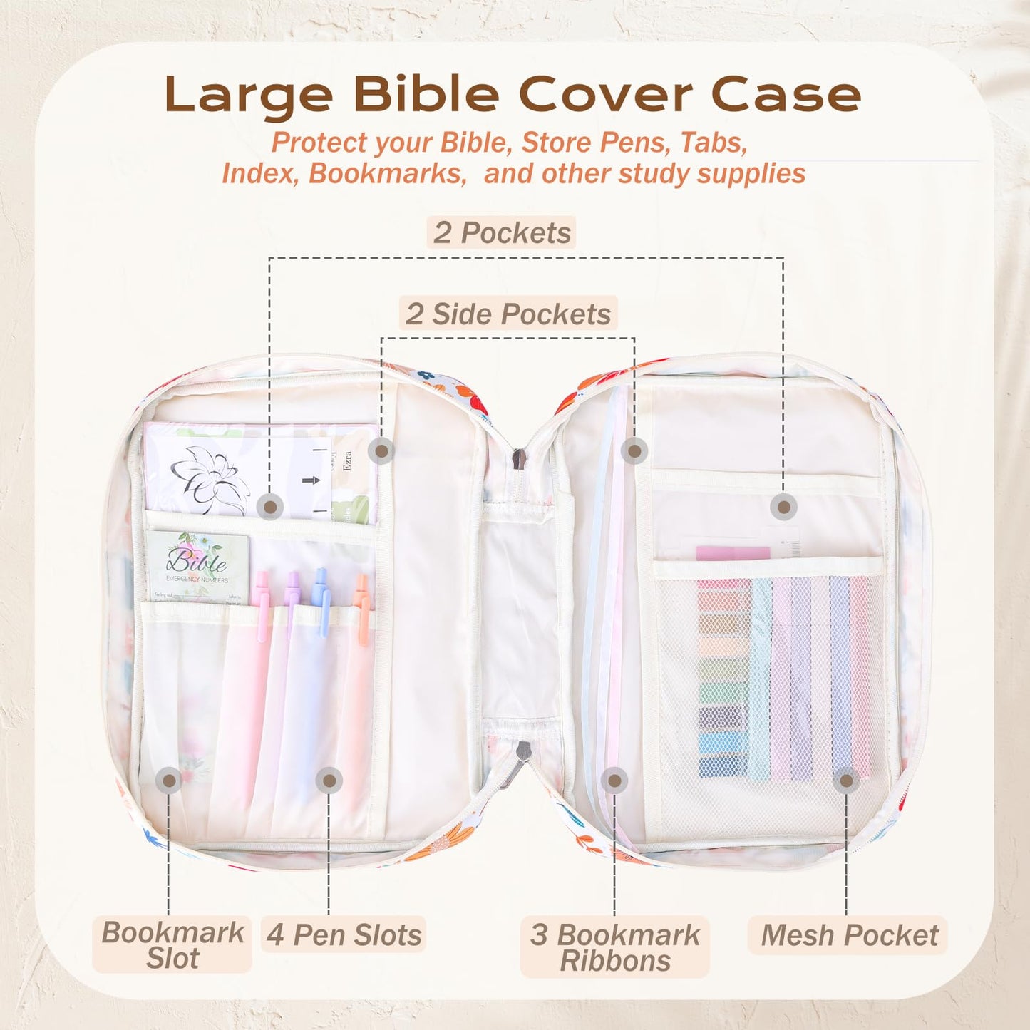 XKDOUS Bible Cover Case for Women Floral Pattern Bible Bag with Handle, Pens & Tabs, Study Supplies Carrying Case Organizer Portable Church Book Holder