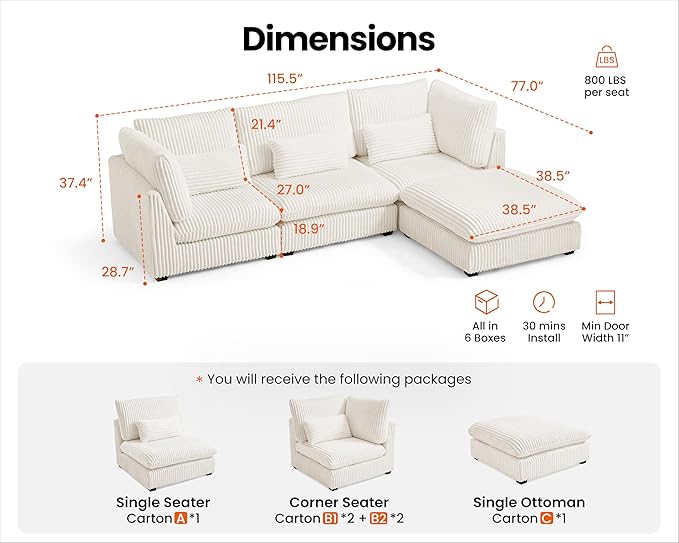 115" Oversized Corduroy Couch Modular Sectional Sofa, Washable Cloud Couch