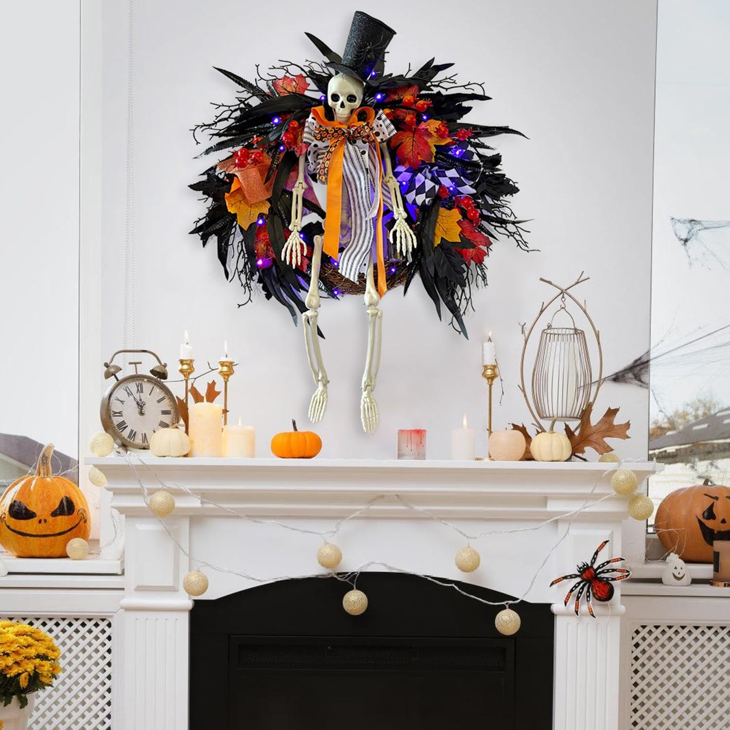 HipTree Halloween & Seasonal Decor Combo: 28 Inch Lighted Skeleton Wreath with Autumn Leaves + 2-Pack 2ft Lighted Black Birch Trees, LED Fairy Lights for Indoor/Front Door/Tabletop Holiday Ambiance